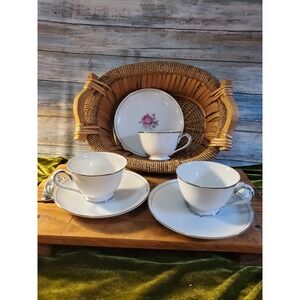 Rose China Silver Moon Teacups Emperial Rose Saucer Set 3 Fine China Rope Basket
